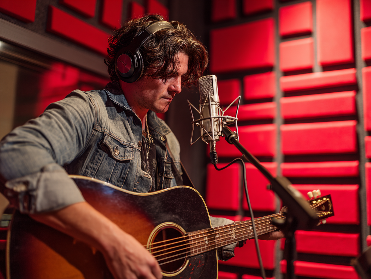 Musician recording in a soundproof studio